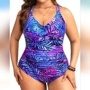 AQUA EVE PLUS SIZE Tummy Control Vibrant Tropical Print Swimsuit